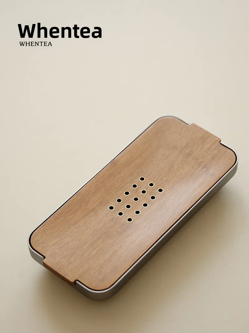 

Простой двухслойный бамбуковый чайный поднос с алюминиевым дренажным поддоном, японский столик для заваривания чая, для домашнего использования, маленький чайный набор