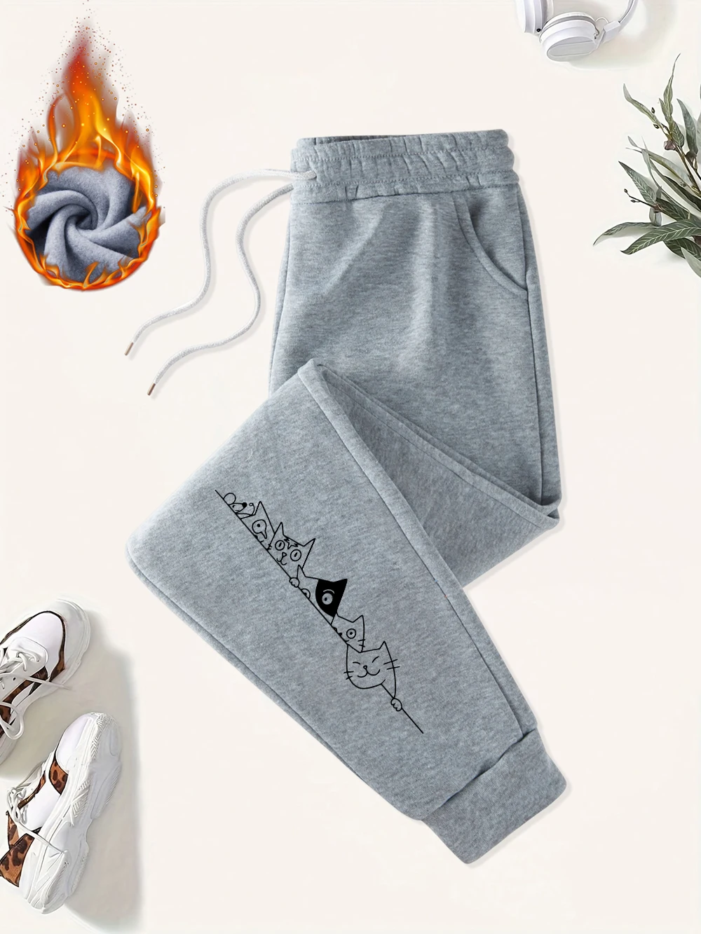 Sonda gatos e ratos impresso sweatpants feminino bolso jogger calças all-match cintura elástica calças de lã rua mulher esportiva