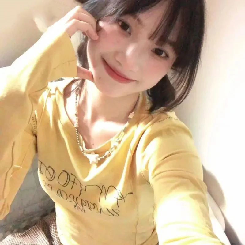 

Женские футболки с круглым вырезом и длинным рукавом, осенние модные тонкие винтажные милые топы с буквенным принтом Y2k, женские повседневные милые сексуальные топы