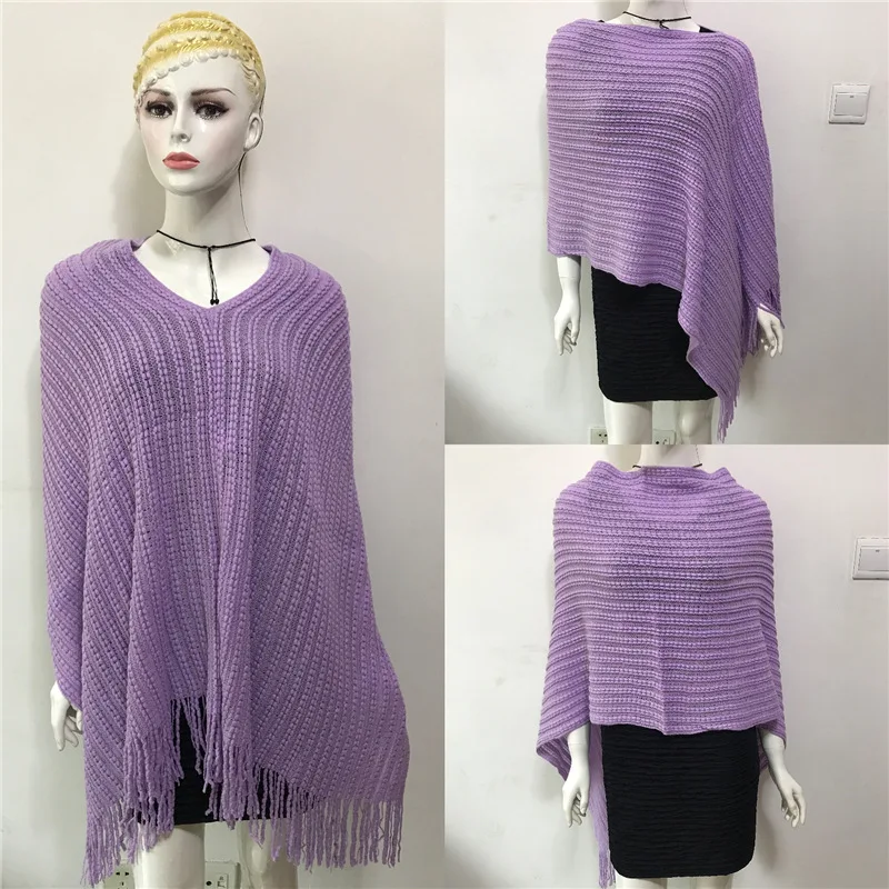 2022 Spring Autumn Pullover Sweater Knitwear Geometric Splicing Loose Poncho Cape Women Coat Cloak Shawl Sunscreen Purple Shawl