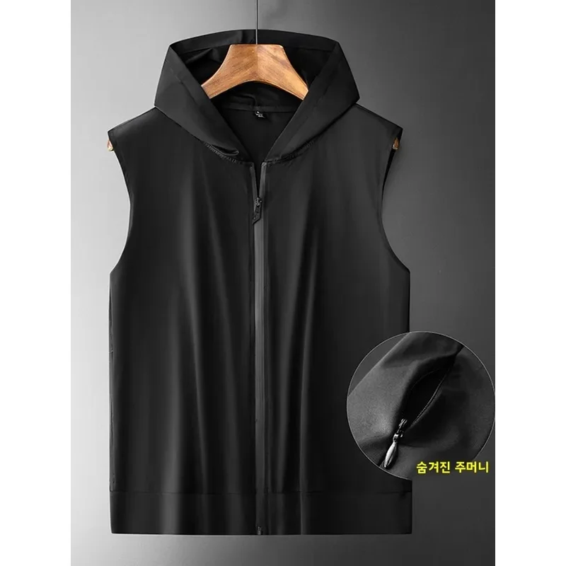 Men Summer Zip‑Up Sleeveless Hoodie, American Style Loose Thin Gym Fitness Outdoor Sports Vest T‑Shirt, Size M‑8XL