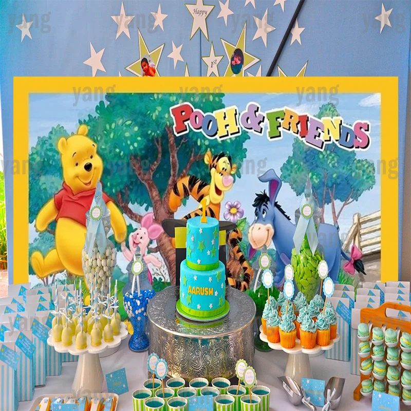 Piękny Disney niestandardowe Baby Shower dekoracje urodzinowe tło Party kubuś niedźwiedź Cartoon tło lasu tygrysek prosiaczek Banner