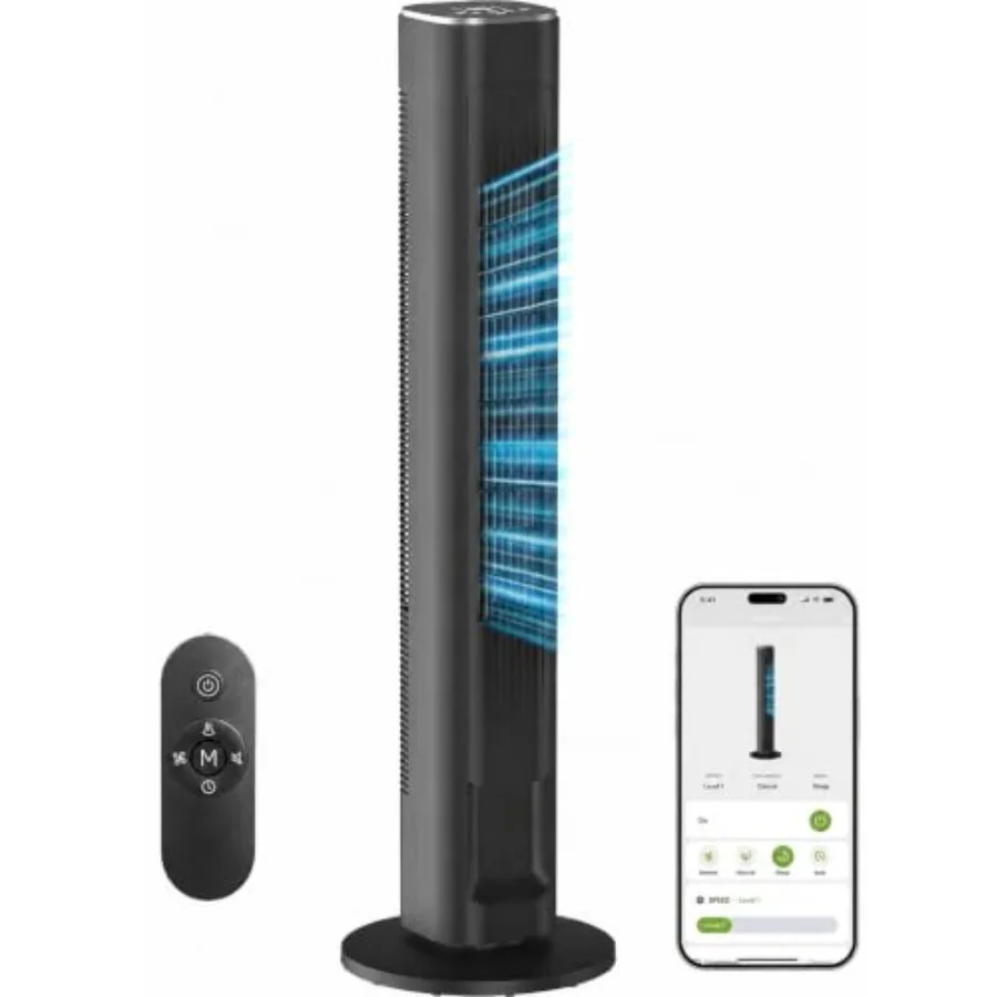 Tower fan for bedroom: ABS plastic, white, 90 oscillation, 4 speeds, 4 modes, 25ft/s airflow, APP/voice/remote/touch control, 2