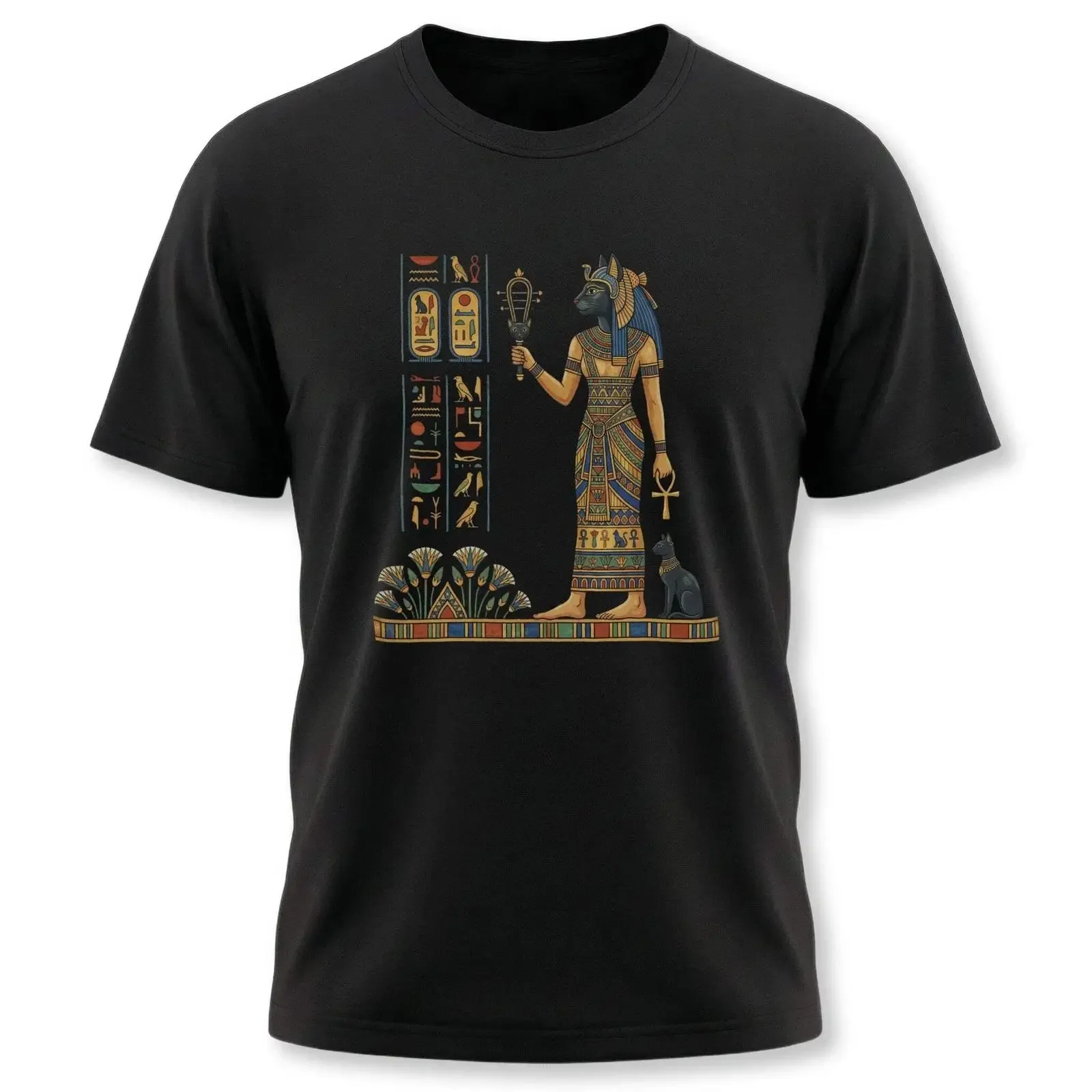 Egyptian Bastet Cat Goddess T Shirt Ancient Egypt Hieroglyphs  vintage Washed Casual Unisex Slightly streetwear fashion