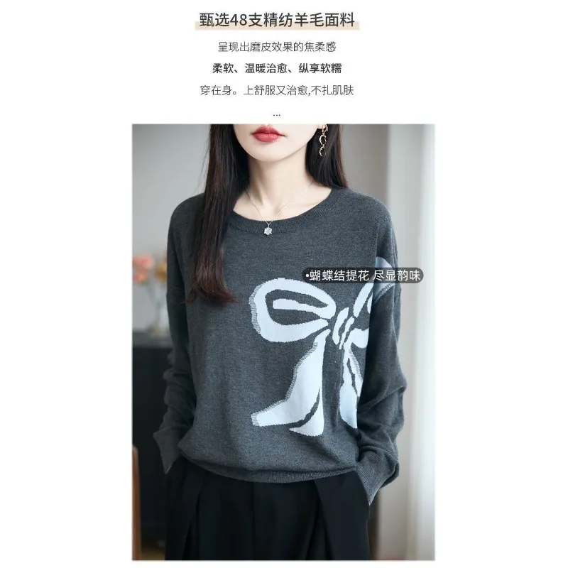 Modischer Jacquard-Pullover mit Schleife für Herbst und Winter. Neues inneres Rundhals-Bottom-Shirt. Vielseitiger und eleganter Pullover