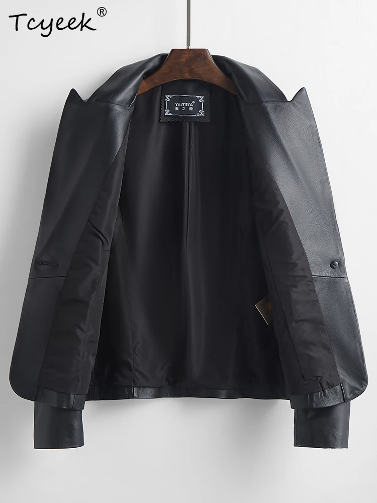 Tcyeek Damska Kurtka Skórzana z Prawdziwej Owczej Skóry Wiosna Jesień Kołnierz Garniturowy Długi Rękaw Krótka Czarna Kurtka Garniturowa Chaqueta Cuero Mujer