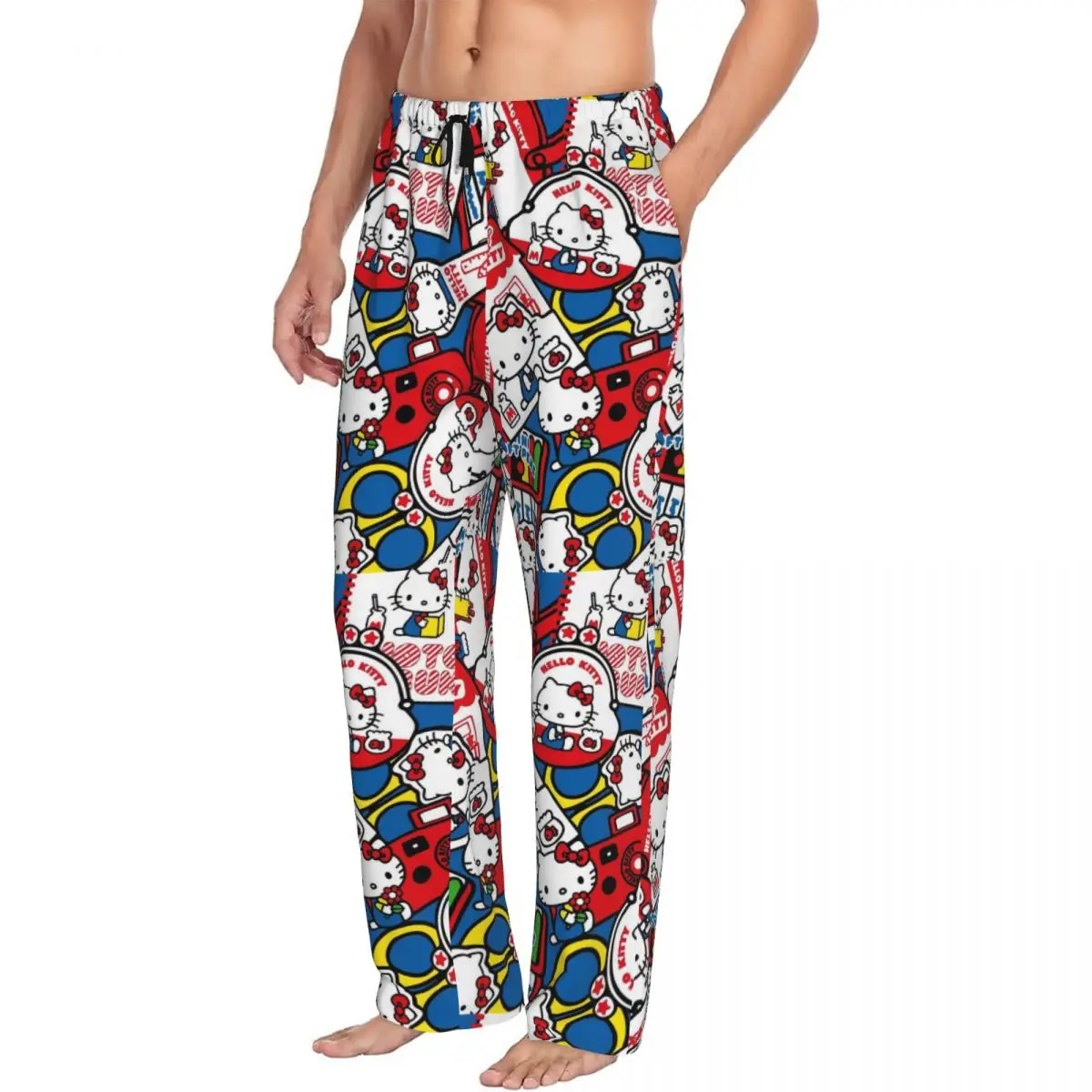 Pantalones de pijama personalizados de Hello Kitty para hombres, animación de dibujos animados, ropa de dormir caliente, pantalones para dormir elásticos con bolsillos