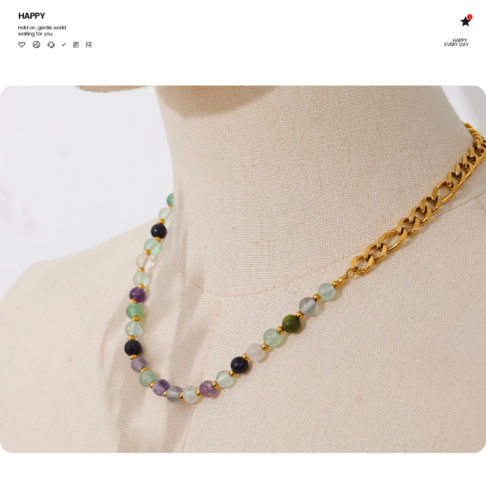 Yhpup Wasserdichte, stilvolle, bunte Natursteinperlenkette, Edelstahl-Halskette für Frauen, exquisiter handgefertigter Schmuck, neu – Detail 11