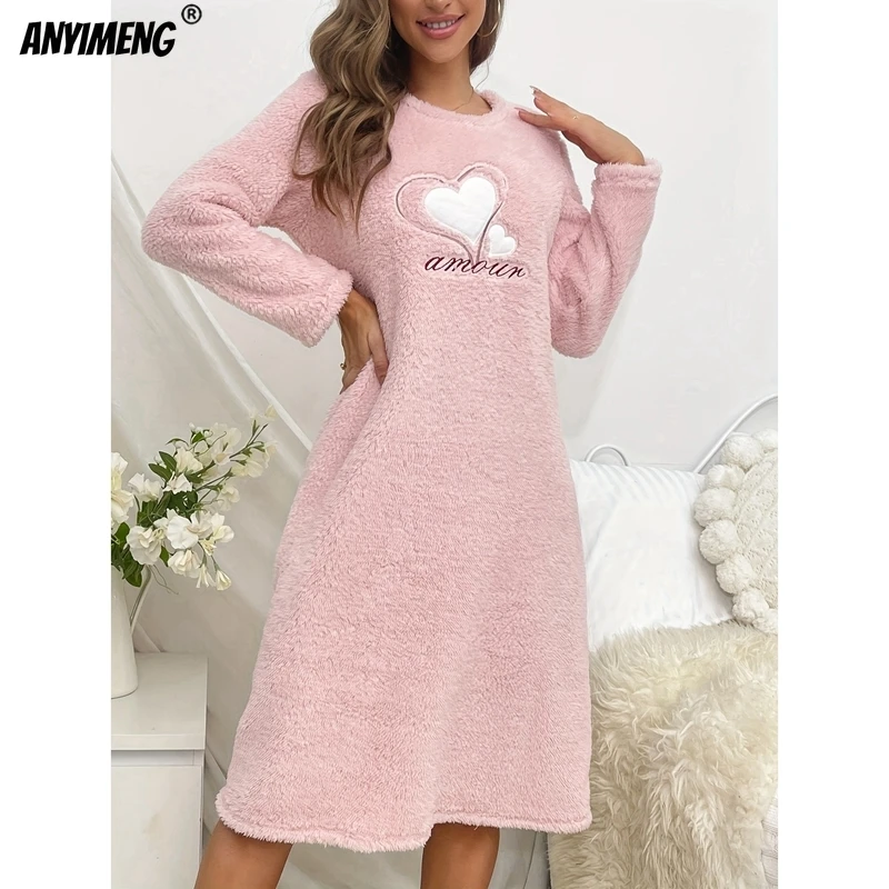 Winter Heart Print Flannel Nightgown for Women Long Sleeves Nightgowns Round Collar Woman Sleepshirt Pink Pajama Dress