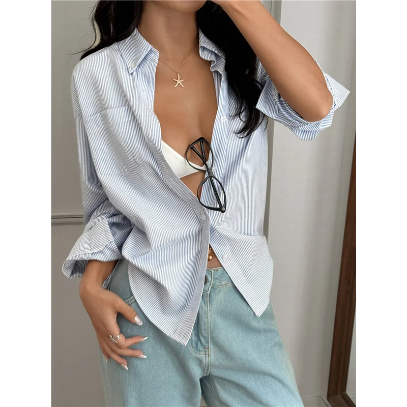 Damskie koszule oversize zapinane na guziki CGS, marszczone mankiety, falbanki na rękawach, kołnierzyk, do pracy, na co dzień, z kieszeniami.