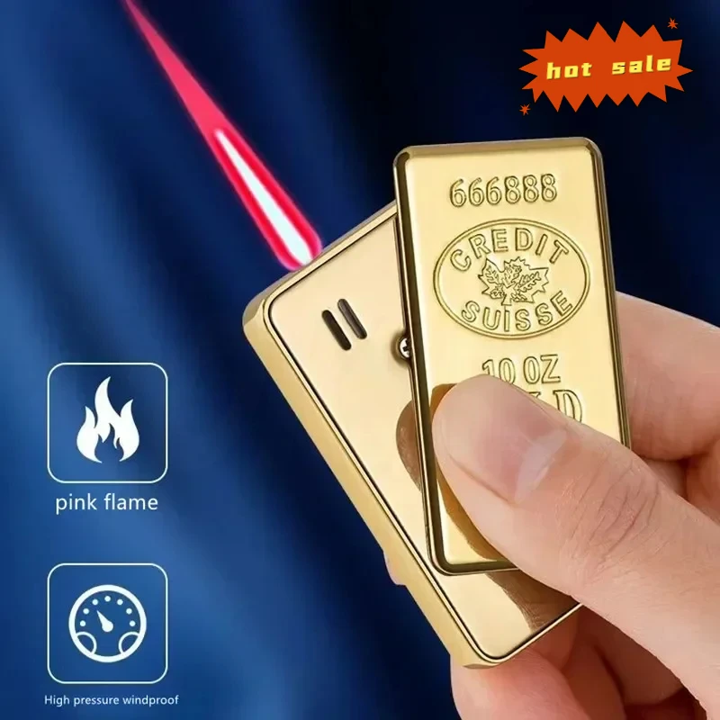 

Metal Electronic Lighter Gold Bar Side Sliding Pink Straight Jet Flame Butane Torch Turbo Lighter Smoking Accessories Men's Gift