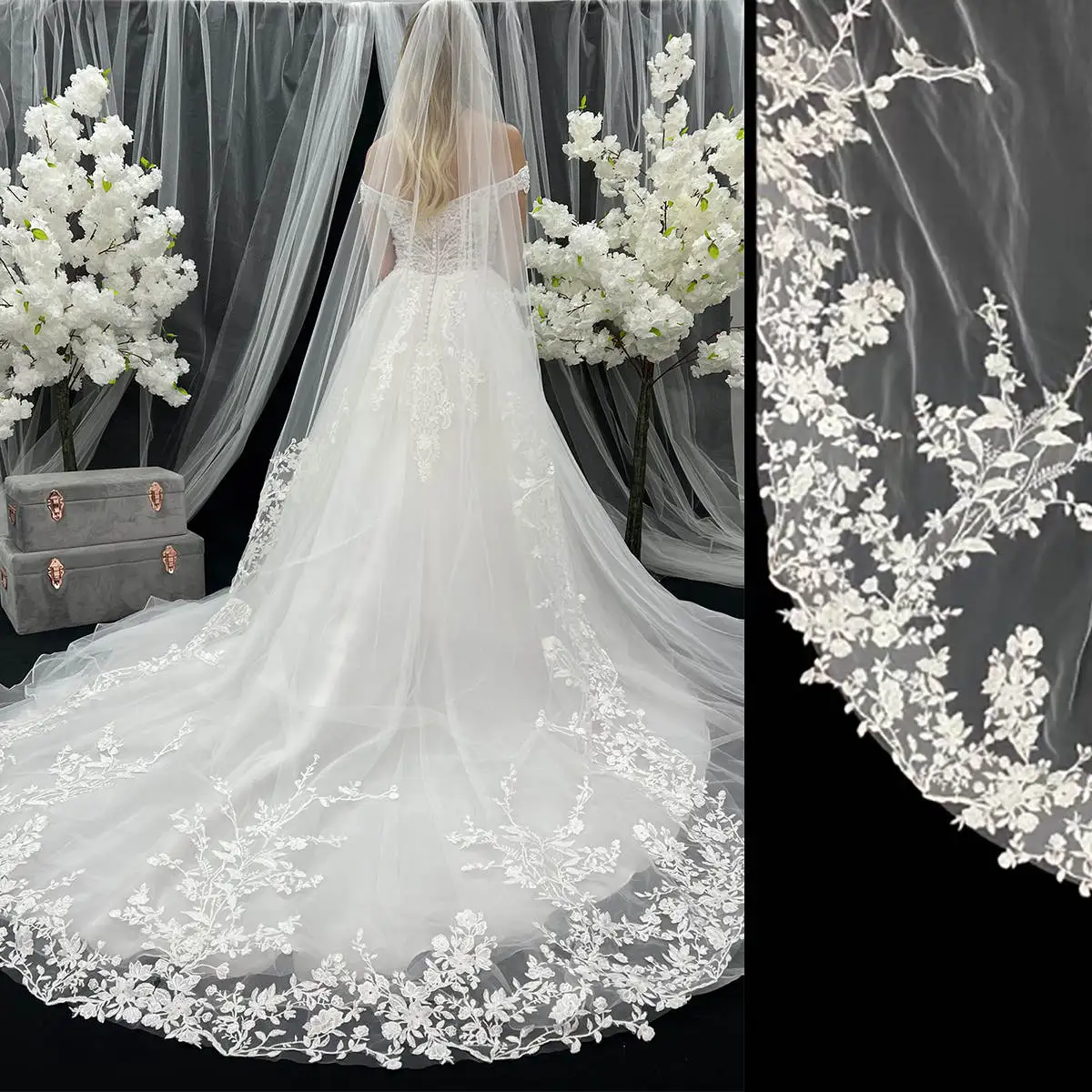 

Simple Wedding Veil Plant Pattern One Layer Long Chapel Length Veils Applique Edge With Comb Custom Made Bridal Accessories