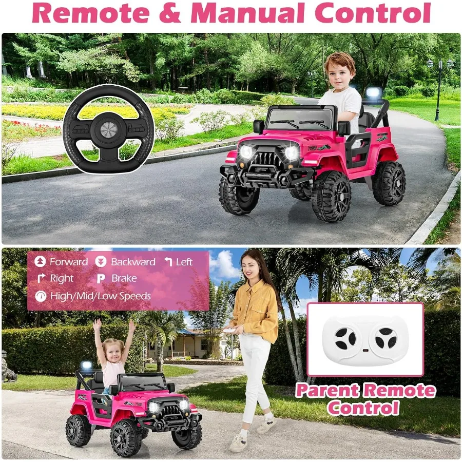 Elektryczny pojazd dla dzieci typu Ride on Truck, zasilany akumulatorem 12V, zdalnie sterowany, z wyświetlaczem mocy Bluetooth, światłami LED, odtwarzaczem muzyki.