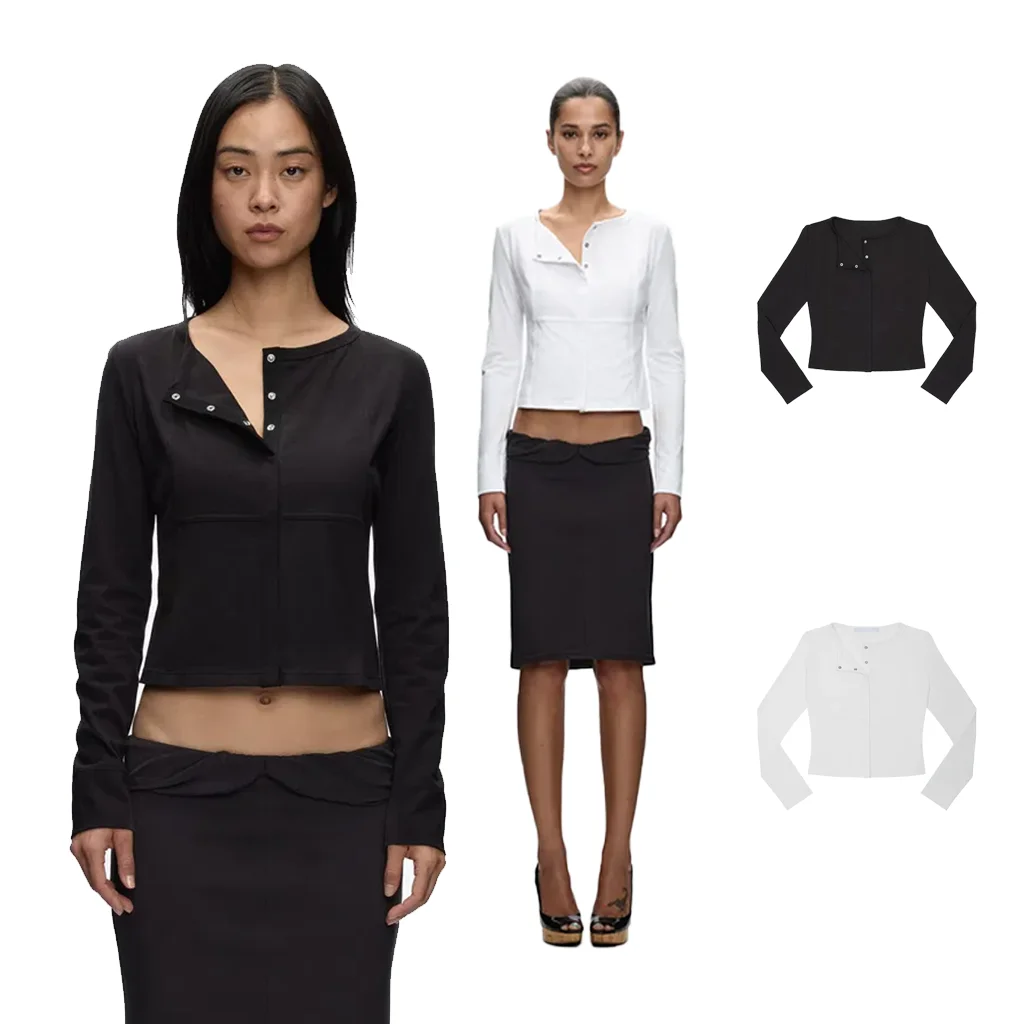 Tank Symmetrical Lapel Short Long-Sleeve T-Shirt, Slim-Fit Waist-Cinching Fishbone Split Top, Hot Girl Base Shirt, Round Neck Long-Sleeve Button-Up Top, Open-Front Long-Sleeve Jacket Top