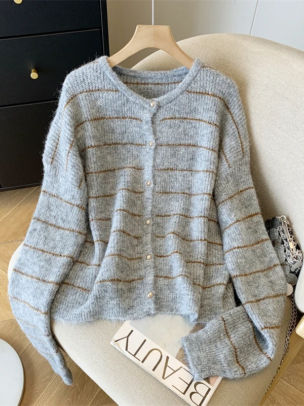 

Корейский повседневный полосатый вязаный свитер с длинными рукавами, женский осенний модный свободный универсальный кардиган на одной пуговице