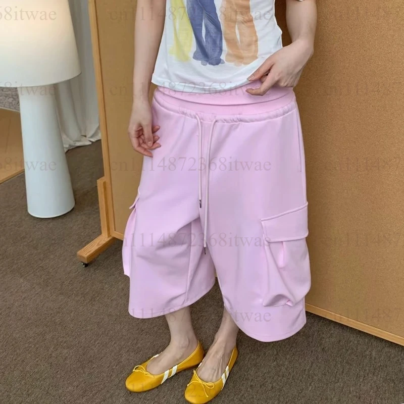 American‑Korean Style Wide Leg Cropped Sweat Pants Drawstring Waist Large Pocket Loose Fit Casual Length Streetwear Trousers