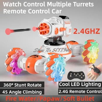 Watch control Multi-turret Remote Control Car 2.4G 360°rotate 45°climb Fire Water/Papaw/Soft Bullet Stunt RC Tank Car