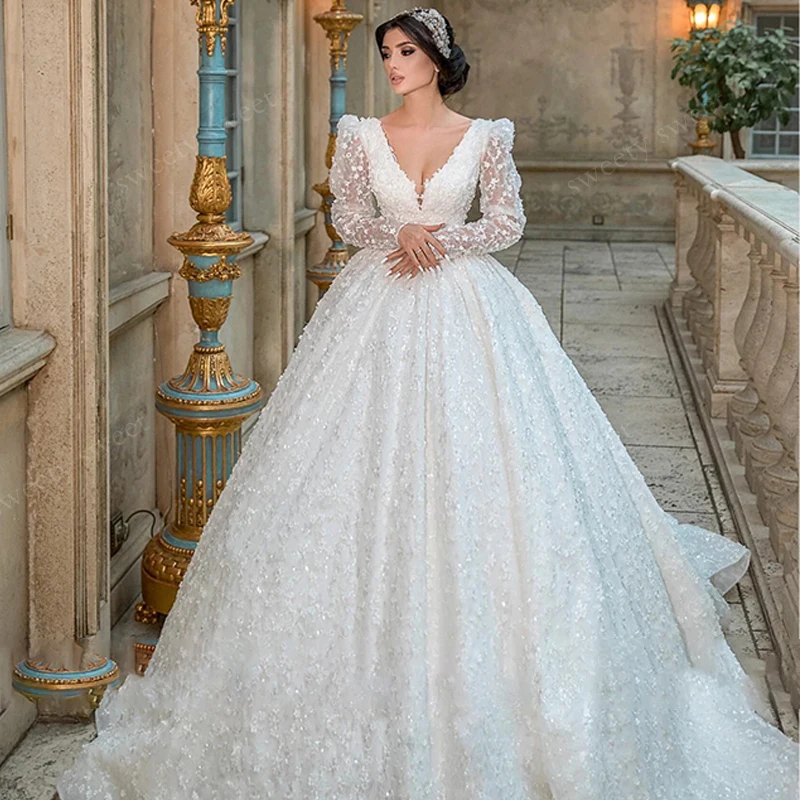 Exquisito Vestido De Novia De Organza con bordado, Vestido De baile con cuentas, mangas abullonadas, cuello en V, Vestido De Novia personalizado