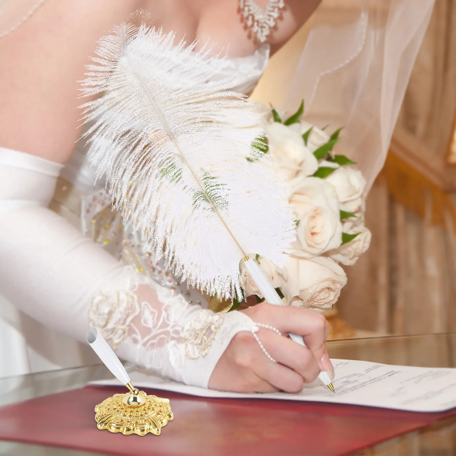 

Ostrich Gift Box White Rotatable Guest Pen Metal Stand Wedding Bridal Engagement Long Quill Pen Sign