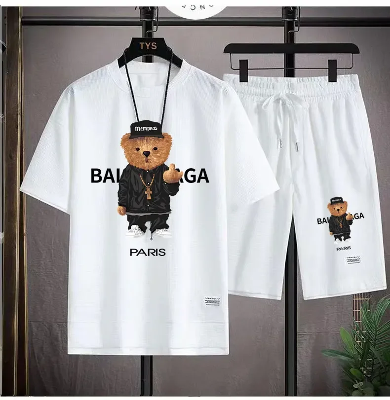 2024 Korean fashion Printed bear T-Shirts Shorts Men\'s Sets Luxury leisure 2 Piece Outfit Streetwear Summer Quality Tracksuit