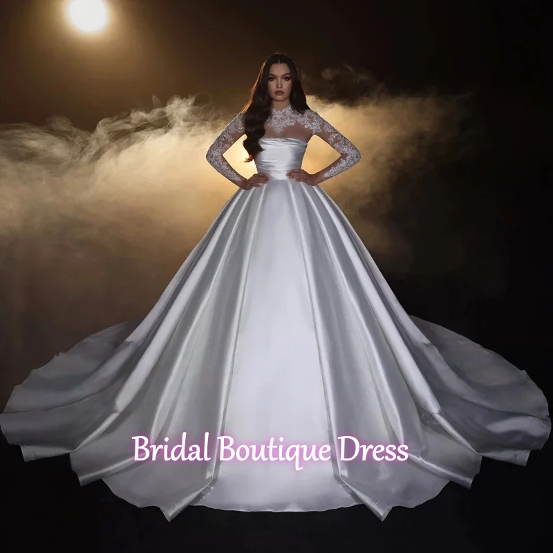 

Customized Luxury Satin Train Ball Gown Wedding Dress 2026 High Neck Appliques Beading Long Sleeves Princess Bridal Gown