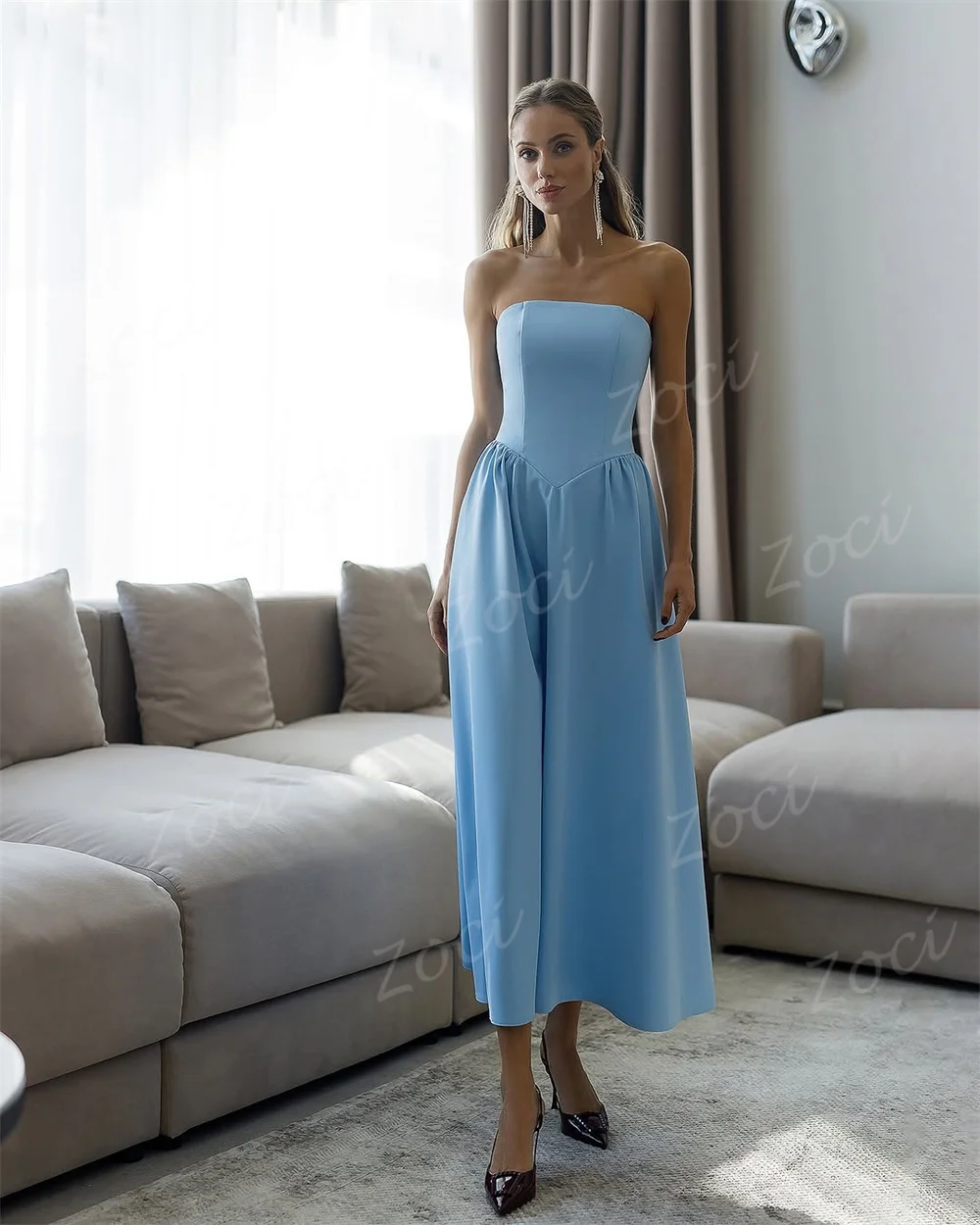 Zoci Strapless Elegant Blue Wedding Party Prom Dresses Customized Sleeveless A Line Evening Dress Ankle Occasion Party Gown