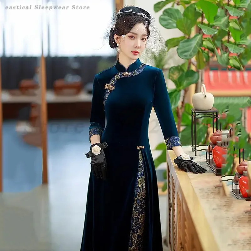 

Новое китайское улучшенное Qipao синее бархатное традиционное Ao Dai Cheongsam женское элегантное темпераментное платье ретро винтажное платье Vestidos