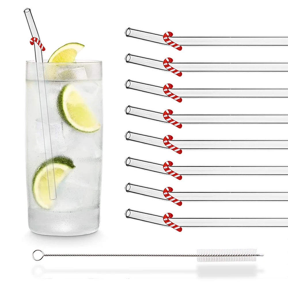 

8Pcs Christmas Glass Straw Milk Tea Juice Cocktail Straw with Brush High Borosilicate Glass Straw Set Kitchen Bar Accessories