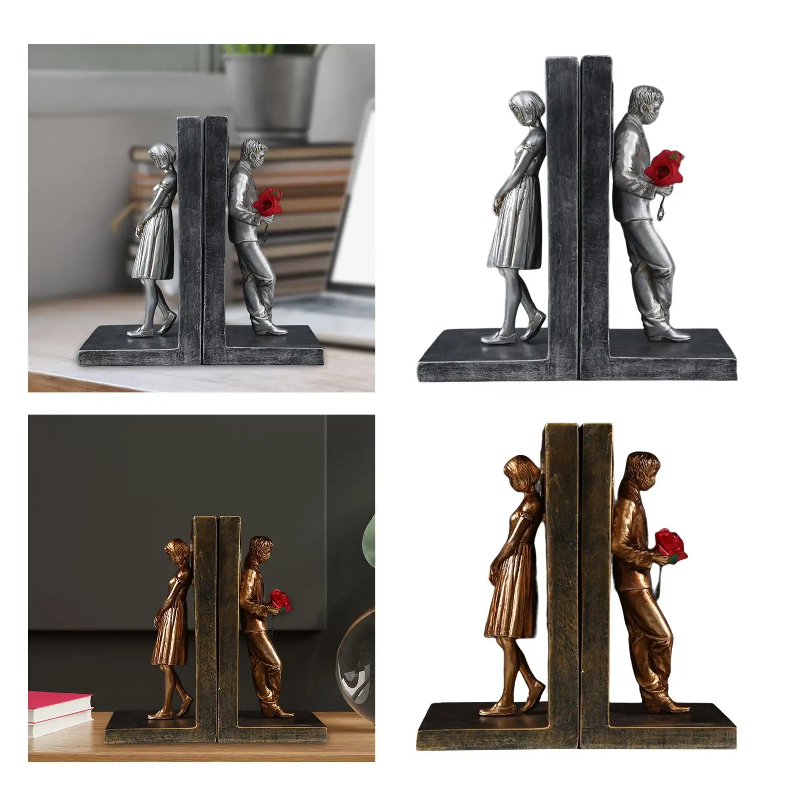 Decorative Bookends for Heavy Books Modern Book Holder Lover Statue Resin Book Ends Book Stopper for Office Desk Bookshelf Decor