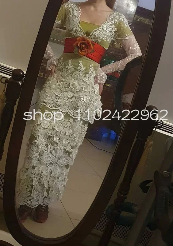 Rose Dewitt Titanic Bukater Tea Prom Dress Long Sleeve Edwardian Belle History Fashion Evening Gown Floral Lace with Red Belt