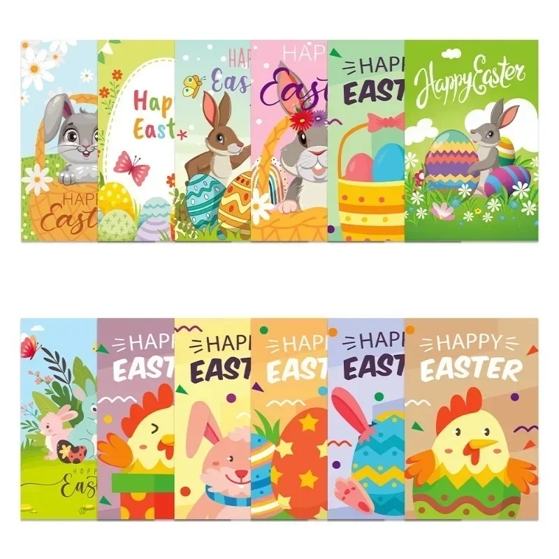 12pc Easter Themed Greeting Card Cute Rabbit Egg Party Invitation Letter Postcard Creative Gift Message Decoration Blessing Card