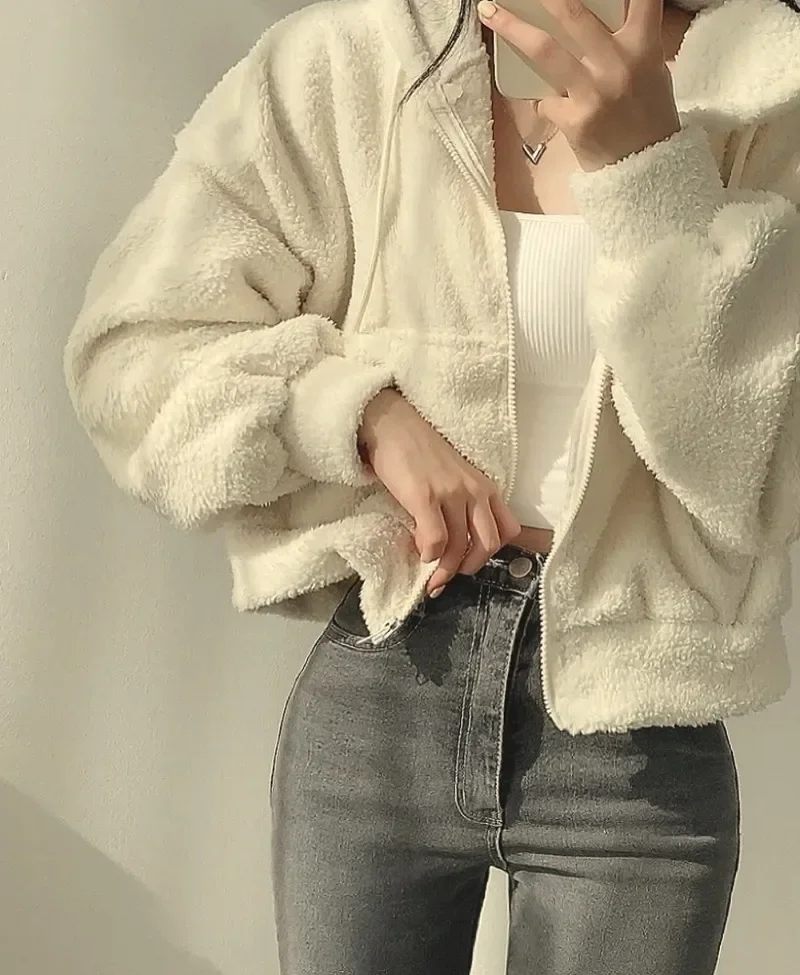 Women's Thickened Warm Fleece Hoodie Sudaderas New Zipper Drawstring Short Coat Lamb Velvet Jacket Autumn Winter Y2k Streetwear