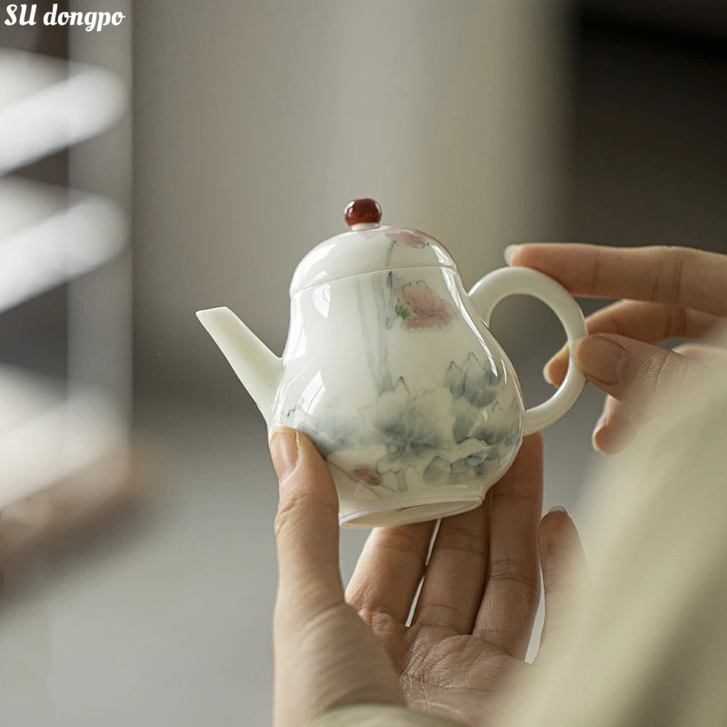 

Jade Clay Hand-painted Teapot Chinese Kungfu Tea Making Pot Ceramic White Porcelain Lotus Small Teapot