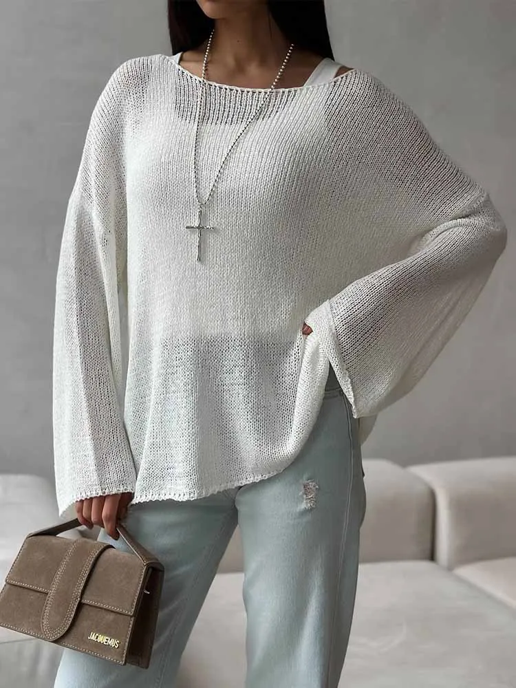 

BKQU Simple Knit Hollow Long Sleeve Sweater Women's Solid Casual Loose See-Through Pullover 2025 Spring Lazy Sunscreen Smock Top