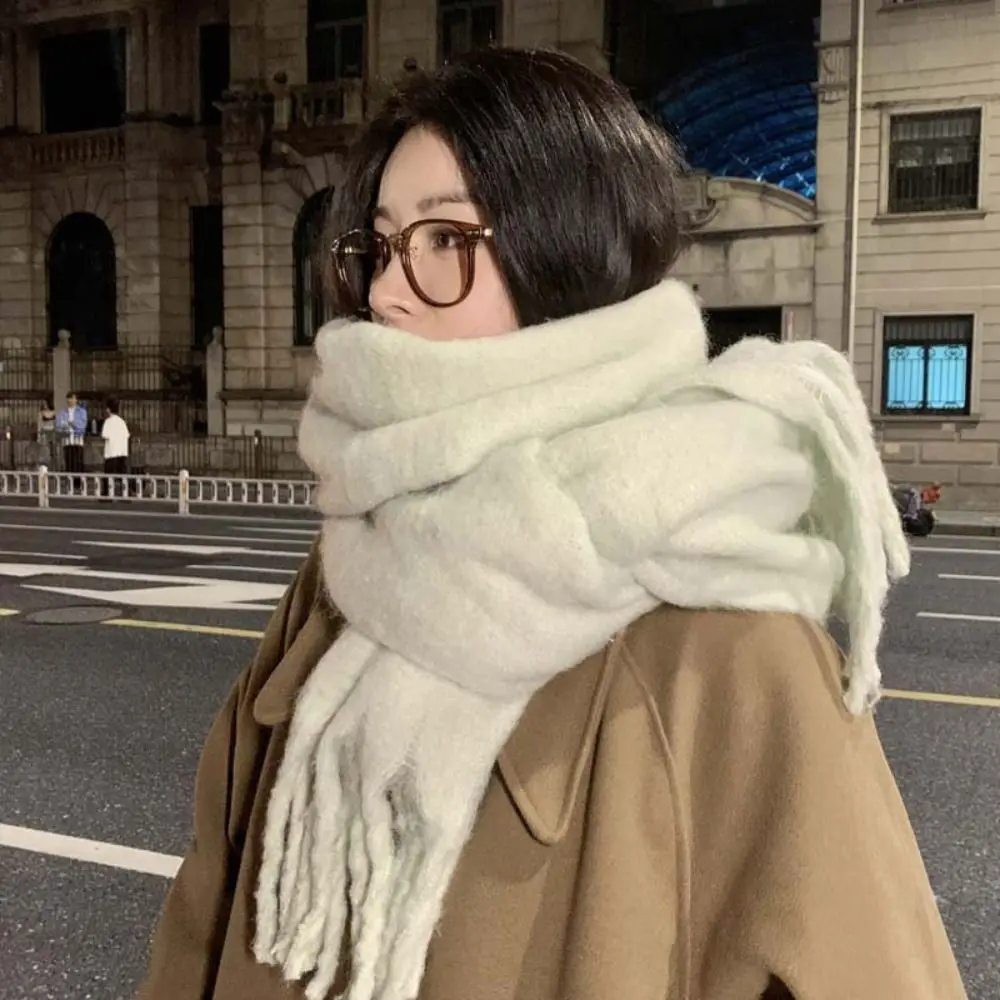 Elegant Warm Winter Cashmere Scarf Soft Solid Color Long Tassel Scarves Thickened Mohair Wrap Shawls Women