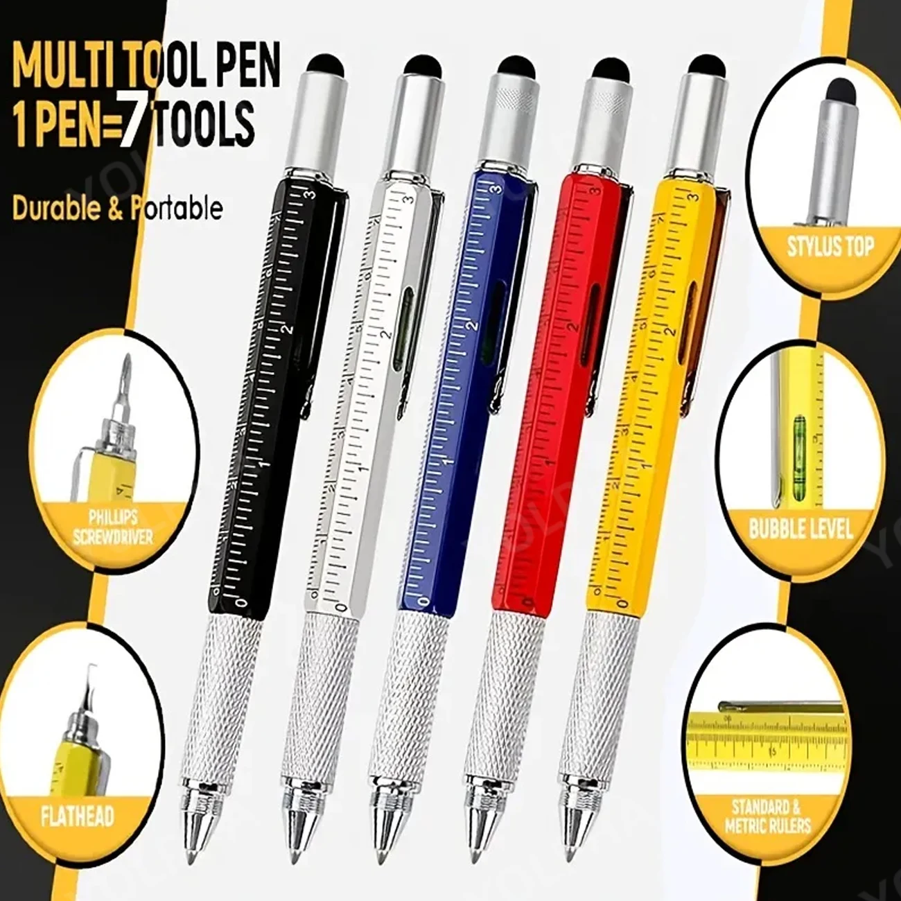 Custom Engraving Available 7in1 Multifunctional Metal Pen Tool Stylus Screwdriver Level Ruler Gifts for Men Engineer Woodworker