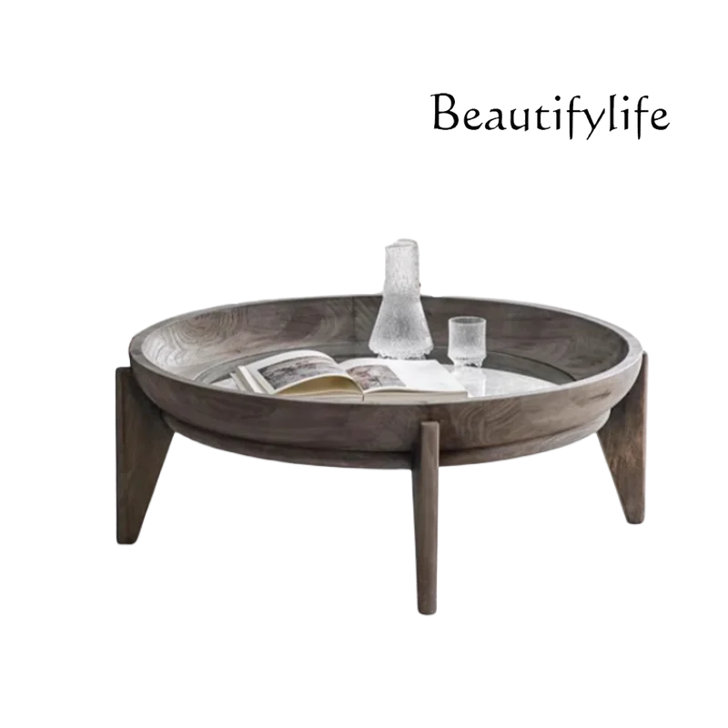 

Nordic all solid wood round glass coffee table living room creative designer coffee table small apartment
