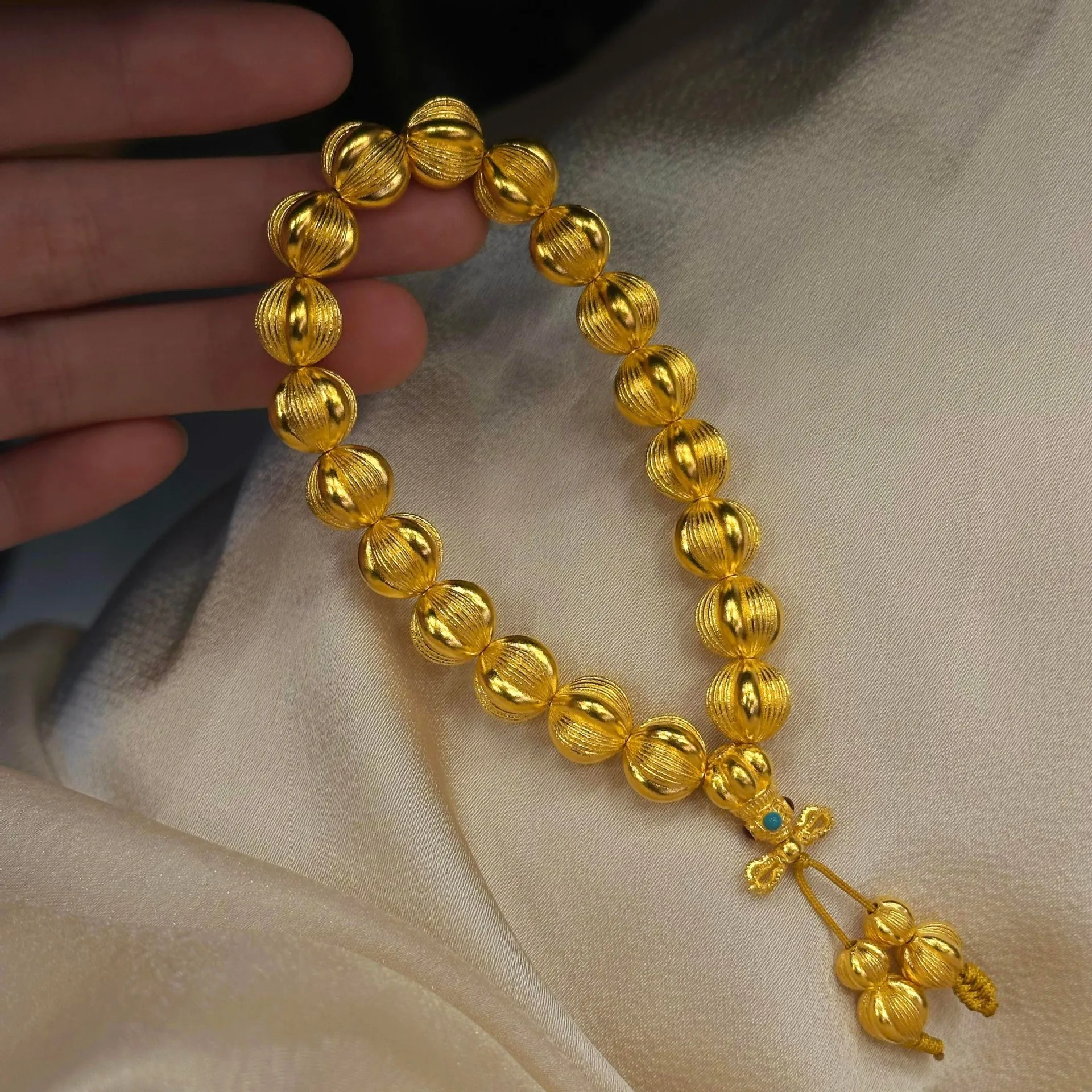 Luxury 9999 24K Solid gold certifid pumpkin bracelet inheritance transfer beads retro walnut bracelet for gift