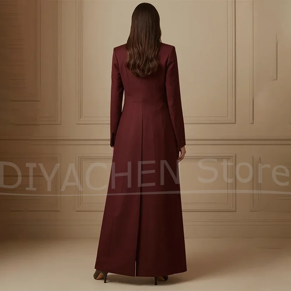 Women's Suit Set Burgundy Long Coat with Gray Vest Wide Leg Pants Chic Peak Lapel Formal Wedding Party Prom Outfit 3 Piece