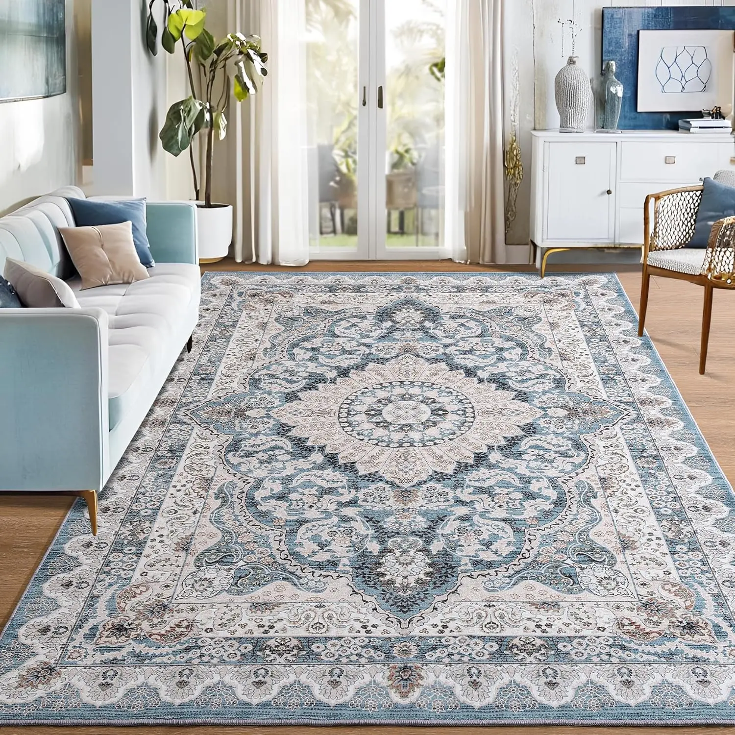 

6x9 Washable Vintage Area Rug, Non-Slip Low Pile for Living Room Bedroom Kitchen Home Decor in Blue