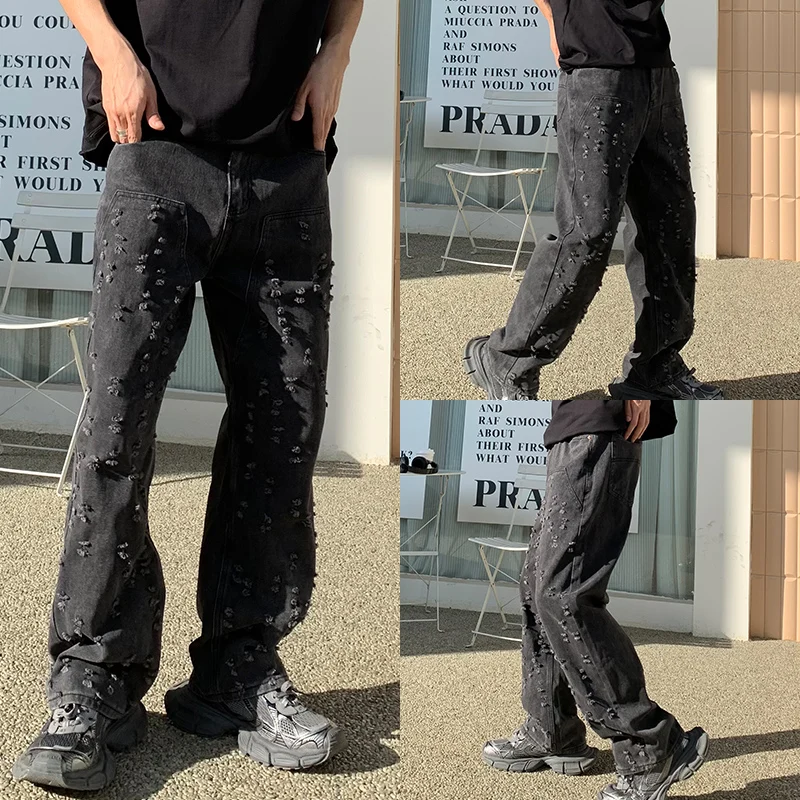 男性用の黒のジャカードディストレストジーンズ,ルーズフィット,ストレートレッグレッグパンツ,ヒップホップスタイル,個性,ワイドレッグ,日本製