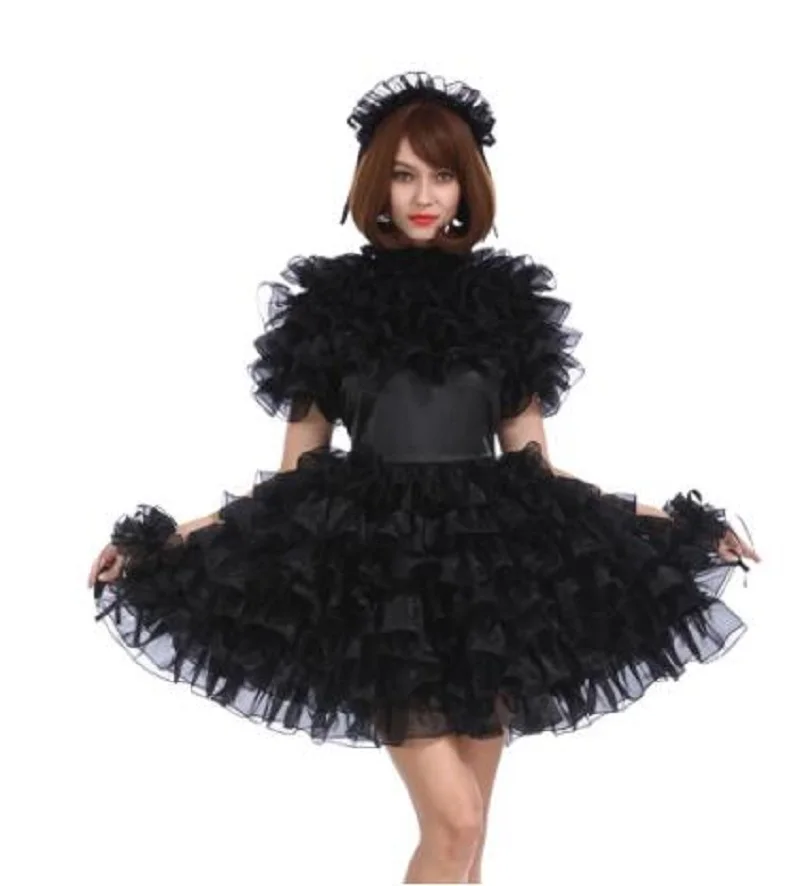 

Sissy May Girl Lockable Black Satin Organza Fluffy Dress Unified Cross Crossdresser Party Dress Role Playing Costume Customizabl