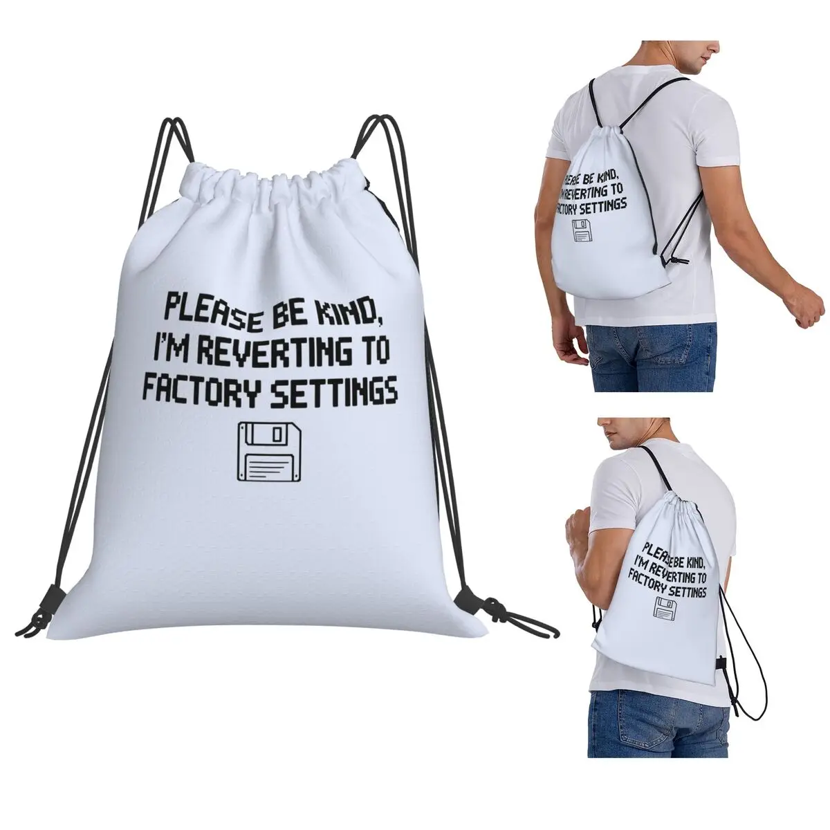 

Please Be Kind Reverting To Factory Settings Pixel Design Backpacks Portable Drawstring Bags Sports Bag Book Bags for Travel