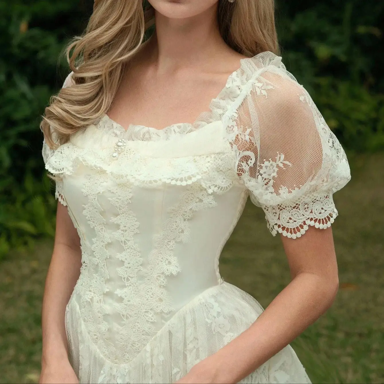 Forest-style Fairy-tale Lace Retro Dress Square Neck Puff Sleeves Fitted Waist Full Skirt Perfect For Parties Evening Gowns