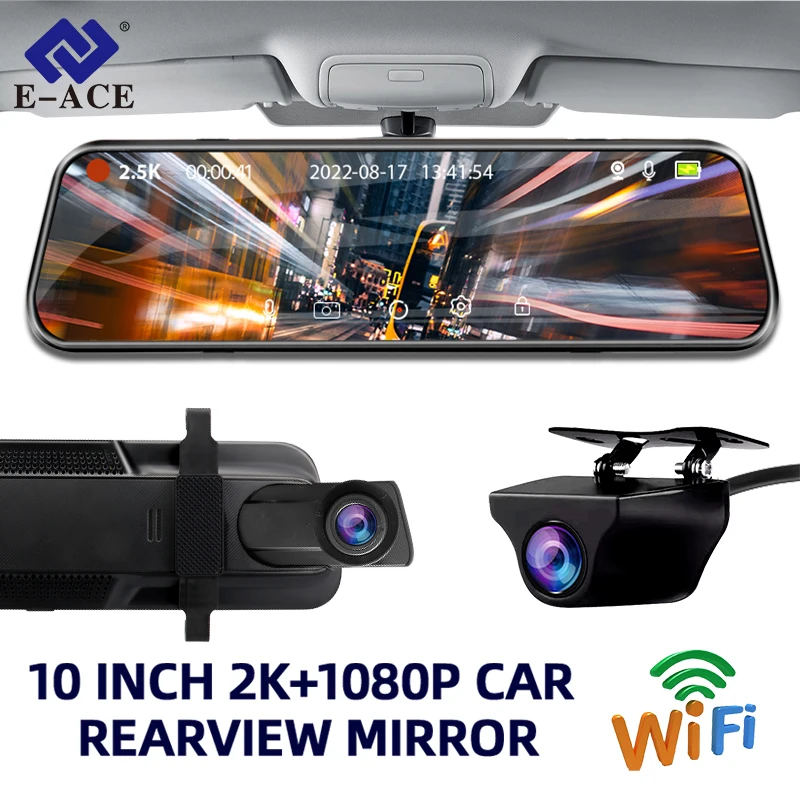 E-ACE Mirror DashCam 10Inch 2K Car Video Recorder DVR WIFI GPS  24 Parking monitoring 1080P Rear View Camera Black Box