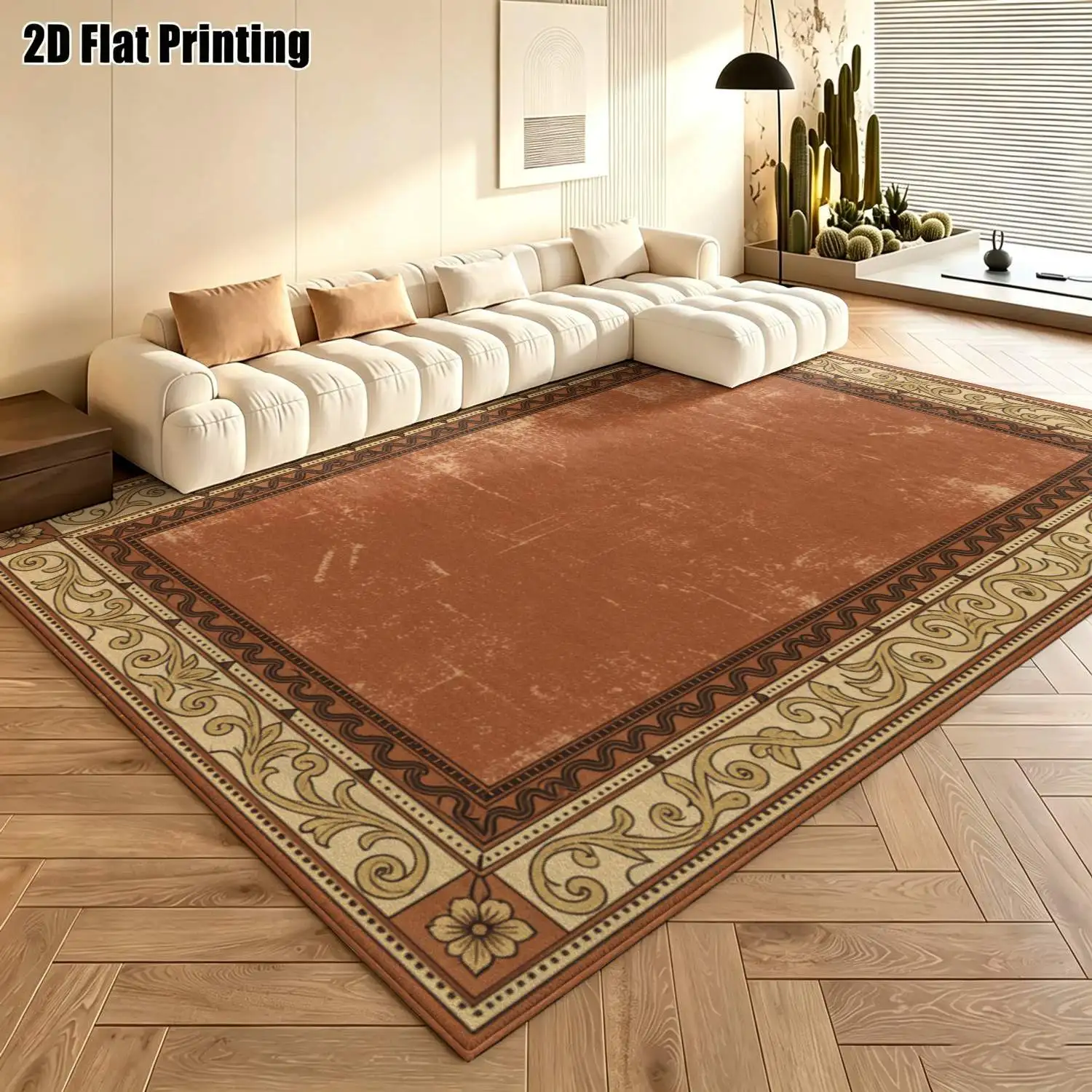 1Pc 2D Printed Retro Brown-Red Border Carpet: European Vintage Geometric Bohemian Floor Mat, Home Decor, Multi-Size, Machine Washable, for Entrance, Dining, Foyer, Bedroom, Living Room