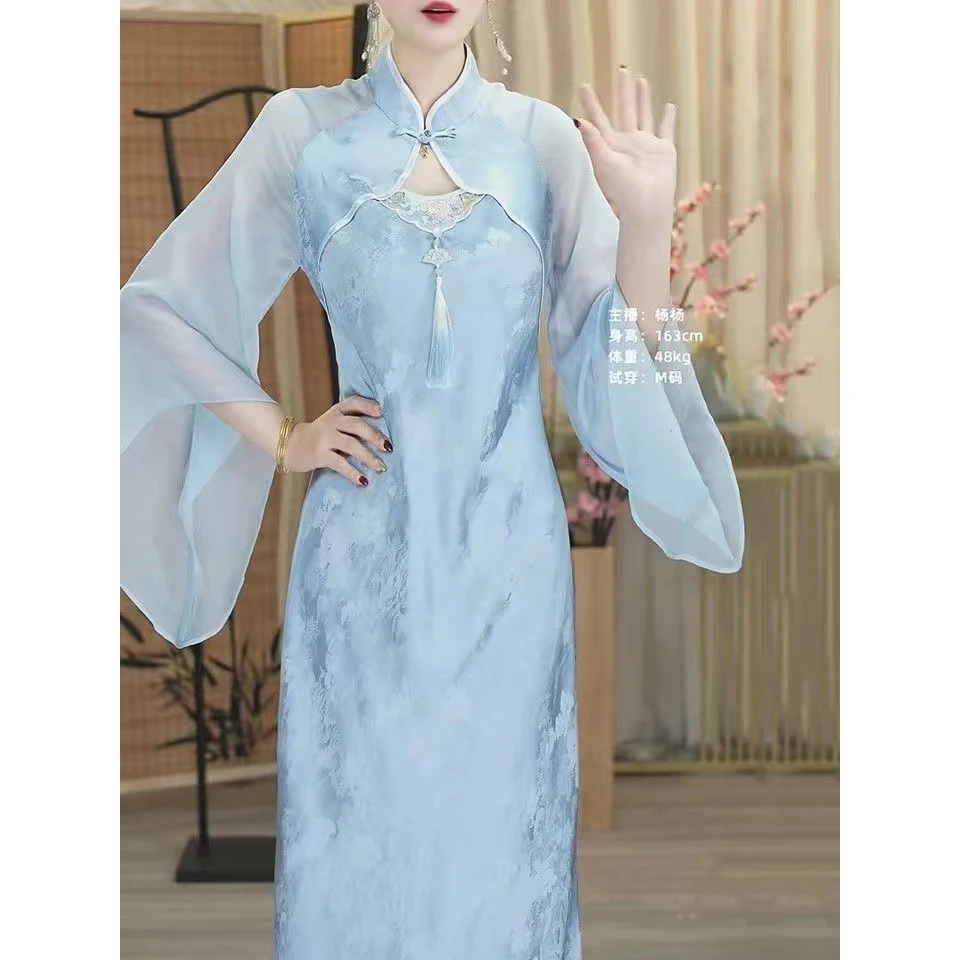 

Летняя мода Seven Divide Sleeve Cheongsam, длинные платья, женские платья 20225, новое роскошное тонкое танцевальное платье Ципао в национальном стиле, женское платье