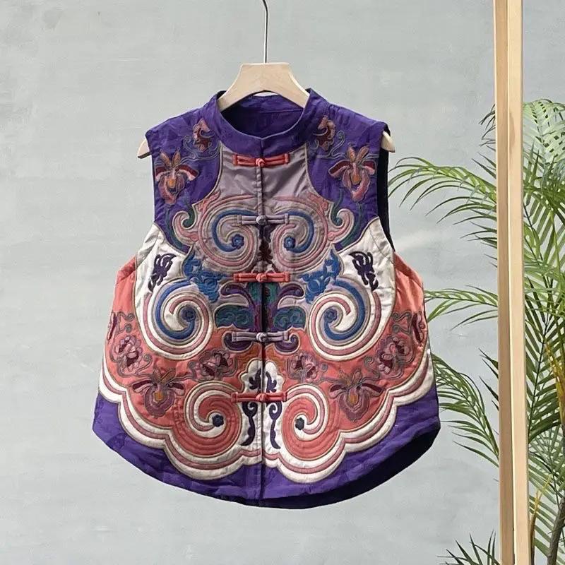 Chaleco bordado de estilo étnico chino Retro para mujer, novedad de primavera 2021, Top sin mangas, chaleco con cuello levantado de lino y algodón Jacquard