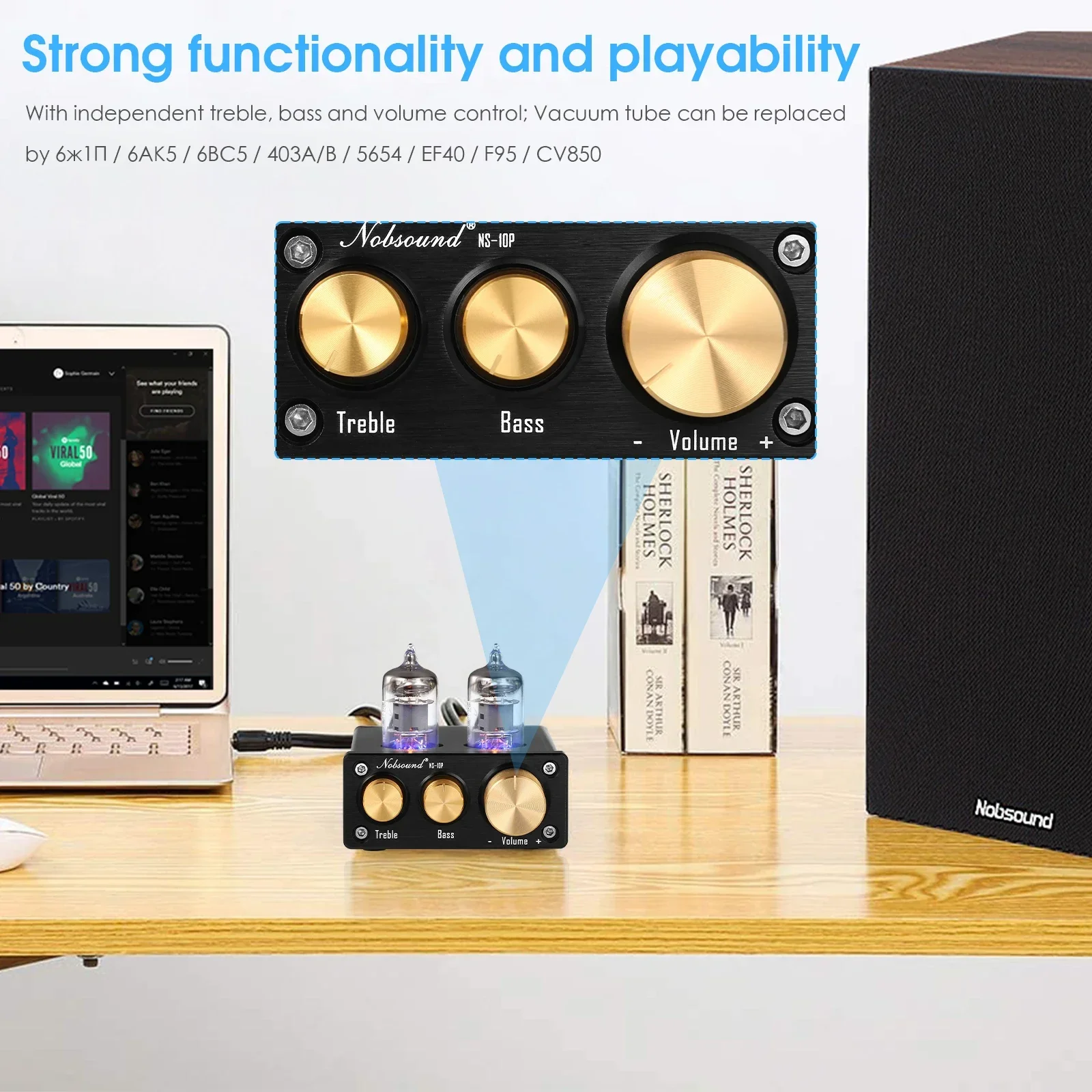 Nobsound NS-10P 미니 진공관 프리앰프, 하이파이 오디오 6J1 밸브 프리앰프, 고음 및 저음 제어, 블랙 오디오 애호가