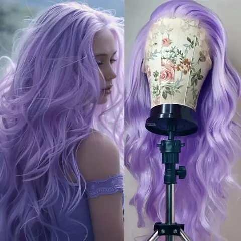 Lavender Purple Wig Long Body Wave  Lace Front Wigs Heat Resistant Light Pruple 13x4 Synthetic And Blend Lace Wigs Cosplay